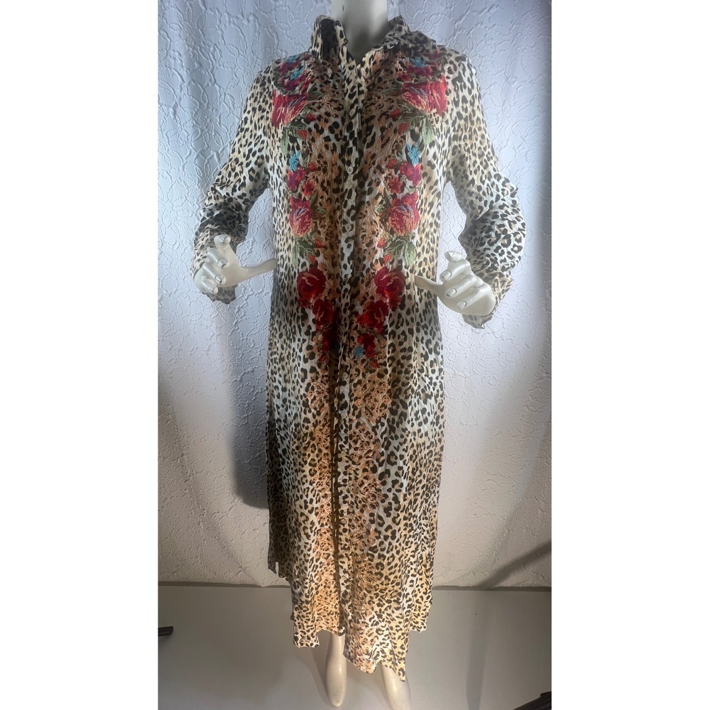 Savanna Jane Leopard Floral Embroidered Button Down Maxi Shirt Dress Size M - Picture 10 of 11